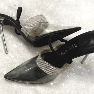 HOLIDAY BLING! Black and rhinestone sling backs w/clear heel. Sz 9